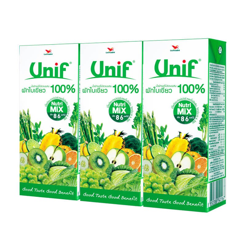 Unif น้ำผลไม้รวมผสมผักใบเขียว  100% 200ml แพ็ค 3 กล่อง