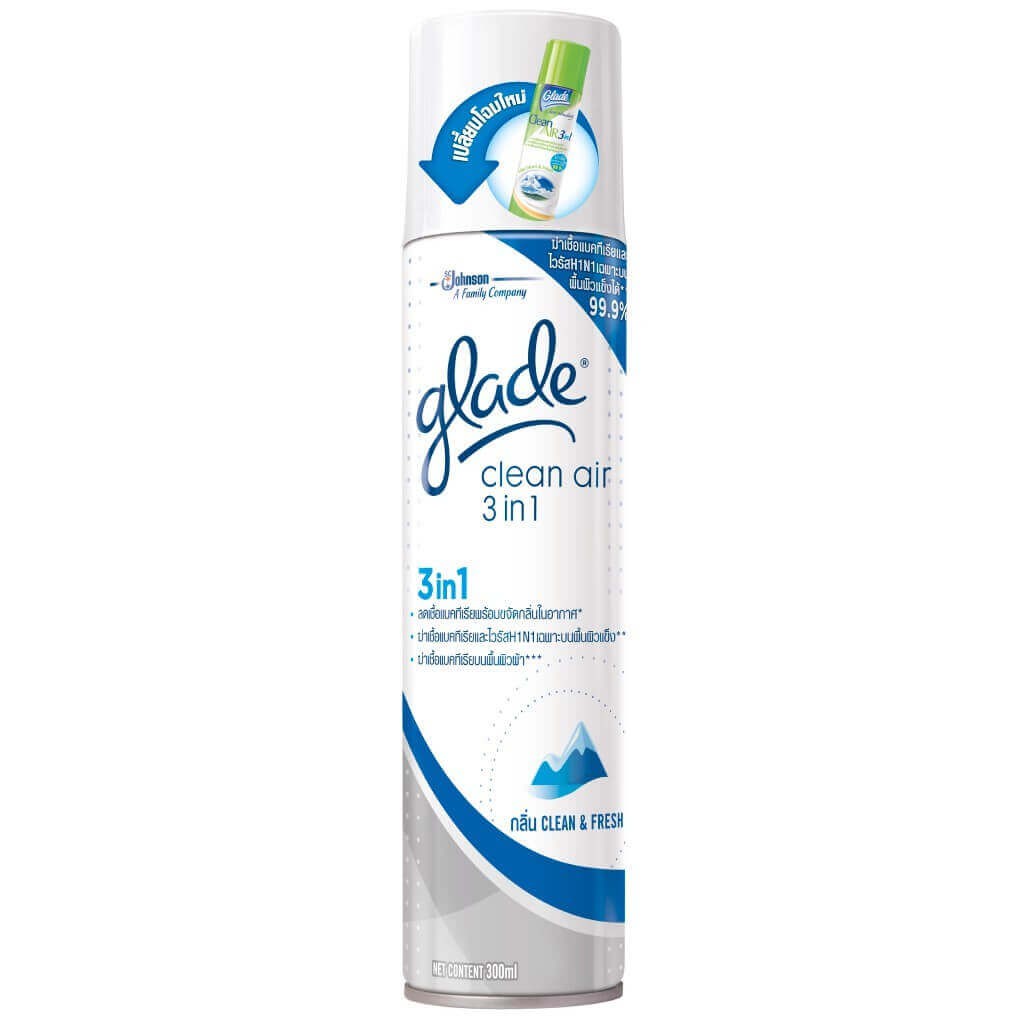 สเปรย์ปรับอากาศ Glade Clean Air 3 in 1 กลิ่นคลีนแอนด์เฟรช 300 ml. (ฆ่าเชื้อ H1N1)