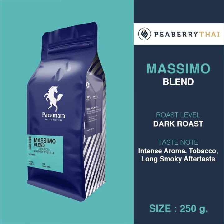 เมล็ดกาแฟไทย อาราบิก้า+โรบัสต้า Pacamara Massimo Blend 250g (คั่วเข้ม)