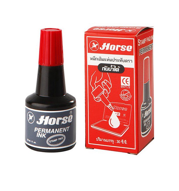 หมึกเติมแท่นประทับตราชนิดกันน้ำ ตราม้า สีแดง 30 มล.